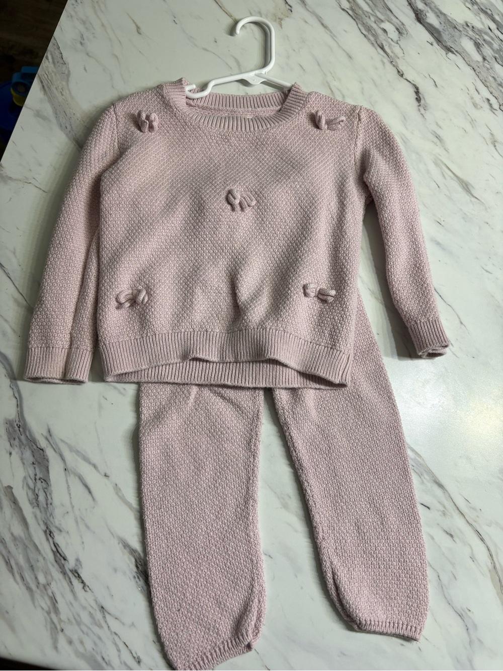 Cozy Pinkish Purple Knit Sweater & Pants Set with bows worn